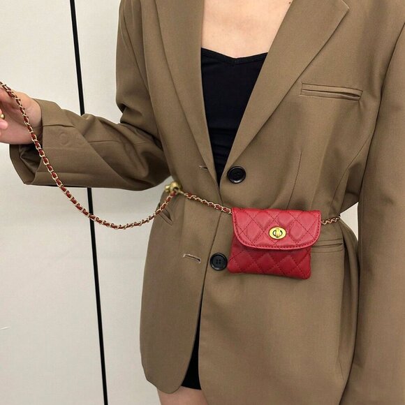 Burgundy Fashionable Women's Faux Diamond Embroidered Chain Mini Shoulder Bag - Picture 4 of 5